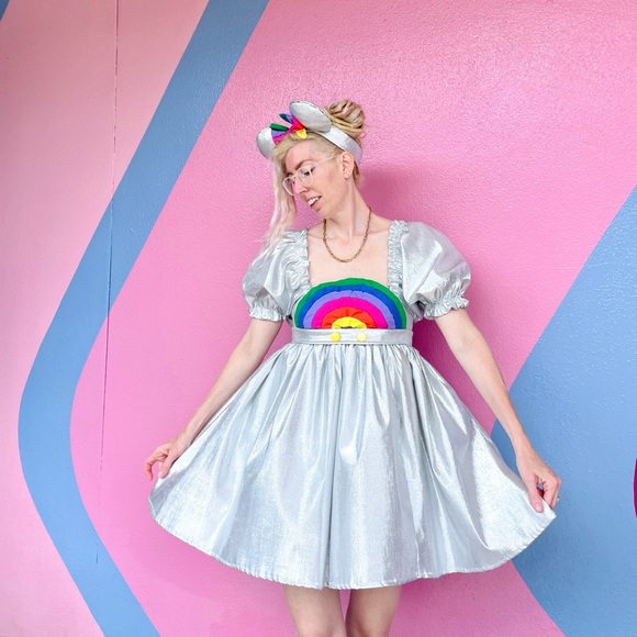 New York Couture *One of a Kind* Handmade Retro 80’s Epcot Puff Sleeve Dress - Picture 6 of 9